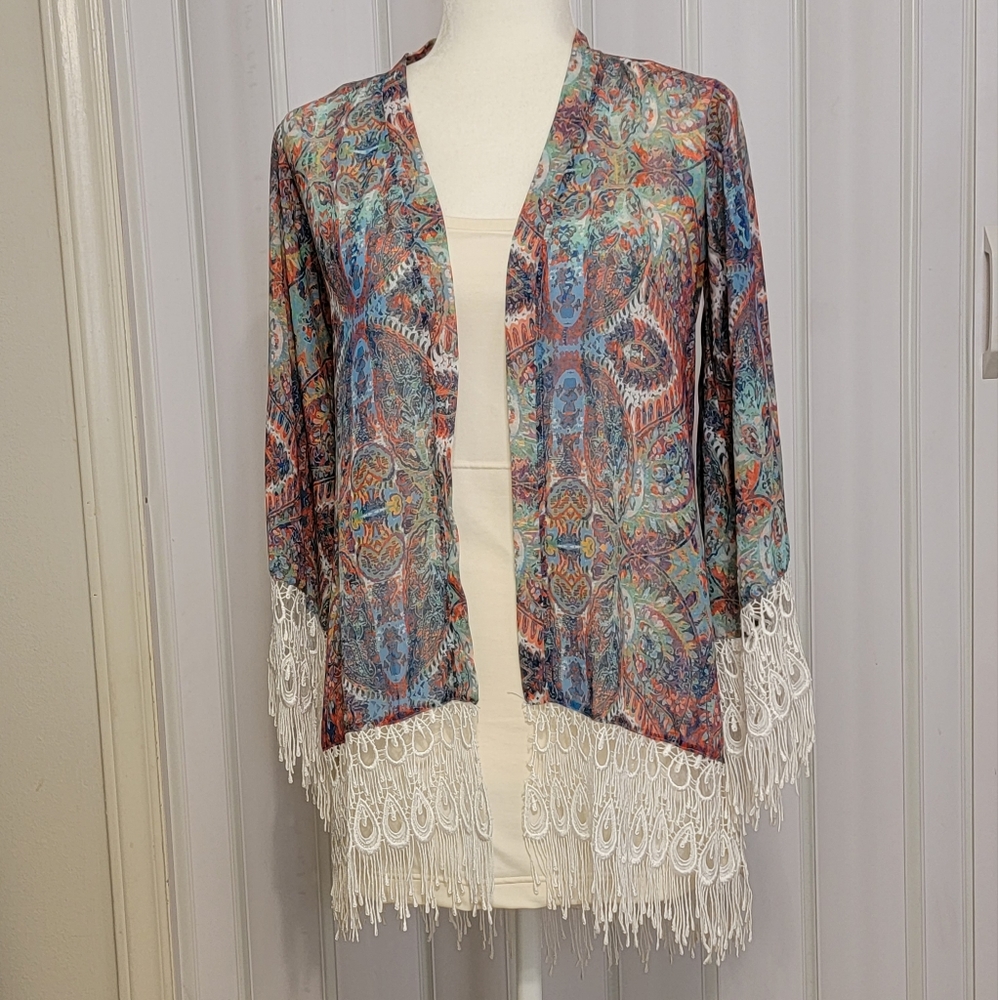 Show Me Your MuMu Alsten Multicolor Open Kimono Sexy Sheer Lacy Trim sz XS Boho